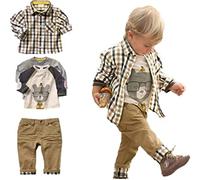 SOPO Toddler Boys Casual 3 Piece Set (T-Shirt + Plaid Shirt + Khaki Pants) 2-3y