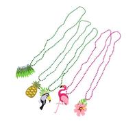 SOPOTUTU 5Pcs Tropical Beaded Necklace Hawaiian Themed Pendant Necklaces with Pink Flower Grass Skirt Pineapple Toucan Flamingo Charms for Summer Beach Party Pool Vacation Luau Celebration