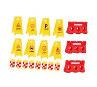 SOPOTUTU Traffic Sign with Yellow Crash Barrels English Warning Signs Red Barricades Early Educational Roadblock Model for S Cognition and Pretend Play