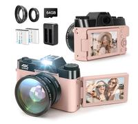 SOPPY 4K Digital Camera with WiFi, 48MP Video Camera with 32G SD Card, 3.0" IPS 180°Flip Screen, Wide Angle Lens, Macro Lens, 16X Digital Zoom, 2 Batteries, Travel Camera for Tiktok YouTube, Pink