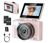 SOPPY 5K 75MP Digital Camera with WiFi Transfer, 18X Zoom, 3" Flip Screen & Auto Focus - Compact Vlogging Camera for Kids, Teens & Beginners, Includes 32GB SD Card, Pink