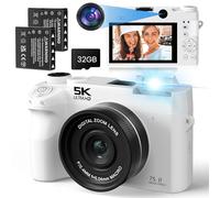 SOPPY 5K Digital Camera,75MP Upgraded Selfie Camera with WiFi Function for Youtube, 16X Digital Zoom Compact Digital Camera with 32GB Card, 2 Batteries, Compact for Kids, Teens & Beginners, White
