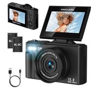 SOPPY 5K Digital Camera with WiFi Transfer, 75MP Vlogging, 18X Zoom & 3" Flip Screen, Auto Focus YouTube Camera, Compact for Kids, Teens & Beginners, Black（No SD Card Version)