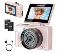 SOPPY 5K Digital Camera with WiFi Transfer, 75MP Vlogging, 18X Zoom & 3" Flip Screen, Auto Focus YouTube Camera, Compact for Kids, Teens & Beginners, Pink（No SD Card Version)