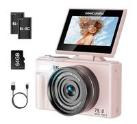 SOPPY 5K Digital Camera with WiFi Transfer, 75MP Vlogging, 18X Zoom & 3" Flip Screen, Auto Focus YouTube Camera, 64GB SD Card Included, Compact for Kids, Teens & Beginners, Pink