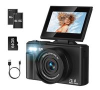 SOPPY 5K Digital Camera with WiFi Transfer, 75MP Vlogging, 18X Zoom & 3" Flip Screen, Auto Focus YouTube Camera, 64GB SD Card Included, Compact for Kids, Teens & Beginners, Black