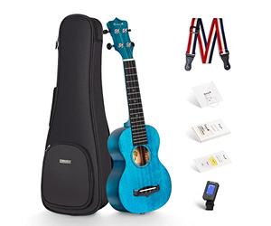 Soprano Ukulele Enya 21" Blue Solid Mahogany Top Ukulele Beginner Kit with Online Lesson, Case, Tuner, Strap, Strings, Pick (EUS-25D BU)