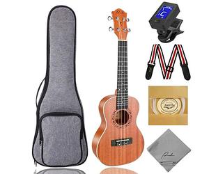 Soprano Ukulele Ranch 21 inch Wooden ukalele Instrument Kit Small Hawaiian Beginner Guitar ukelele Starter Pack Bundle Gig bag & Digital Tuner & Strap & 4 Aquila Strings Set