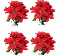 SOPSTUO 4 Pack Christmas Poinsettia Artificial Flowers Velvet Plastic Floral Bouquet Small 6 Head Silk Red Shrub Fake Flowers Arrangement for Xmas Holiday Decor
