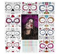 SOPSTUO 9 Sheets Halloween Face Tattoo Day of Dead Sugar Skull Floral Face Tattoo Day of The Dead Makeup Tattoos for Halloween Party Favor Supplies