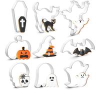 SOPSTUO Halloween Cookie Cutters - 9Pcs Biscuit Cutters with Pumpkin, Ghosts, Bat, Black Cat, Witch's Hat, Skull, Coffin for Baking, Stainless Steel (Halloween)