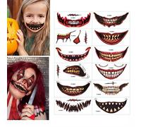 SOPSTUO Halloween Face Tattoos, 12Pcs Prank Make Up Sticker, Cosplay Joker Zombie Devil Horror Mouth for Women Men, Halloween Party Makeup Kit