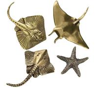 SOQSOQ 4Pcs Vintage Solid Brass Miniature Animal Figurine Desk Animal Ornament for Pet Enthusiasts Exquisite Collectible and Home Décor Accent (Manta Rays+Starfish 4Pcs)