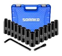 SORAKO Deep Impact Socket Set, 16PCS 1/2'' 10mm-24mm Square Drive Metric Socket Wrench Sets with Wrench L Handle, Extension Rod, Tool Kit for Home Car Repair Cool Gadgets for DIY (Black 1)