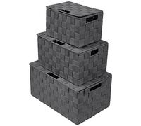 Sorbus Storage Box Woven Basket Bin Container Tote Cube Organizer Set Stackable Storage Basket Woven Strap Shelf Organizer Built-In Carry Handles (Lid Bins - 3 Pack, Gray)