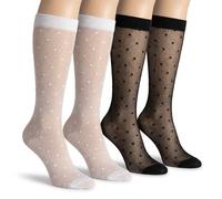 Sorcristy 2 Pairs Patterned Knee High Pantyhose, 30D Sheer Nylon Stockings with Reinforced Toe, Dot Heart and Lip Print Pattern Socks for Women, Breathable and Stretchy, Black and White
