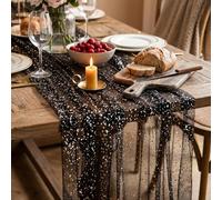 Sorcristy Black Gold Galaxy Star Tablecloth, 300 x 70 cm Rectangular Sheer Tulle Cheesecloth, Shimmer Metallic Foil Sequin Table Cover for Wedding, Birthday and Space Party(Black Gold)
