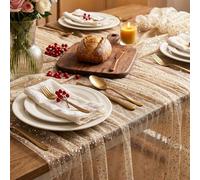 Sorcristy Black Gold Galaxy Star Tablecloth, 300 x 70 cm Rectangular Sheer Tulle Cheesecloth, Shimmer Metallic Foil Sequin Table Cover for Wedding, Birthday and Space Party(Beige Gold)