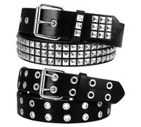 Sorcristy Black Studded Belt and Grommet Leather Belt with Double Holes for Women Men, 2 Pcs Y2K Metal Punk Rock Double Grommet Belts, Black Leather Belts for Women Men