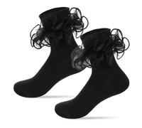 Sorcristy Ruffle Socks Women,Adult Double Lace Turn Cuff Cotton Black Frilly Socks Cute Bobby Sock with Ruffles Lightweight Cotton Sock for Womens (1 Pair,White) (Black)
