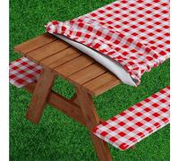 Sorefy Vinyl Picnic Table and Bench Fitted Tablecloth Cover, Checkered Design, Flannel Backed Lining, 28 x 72 Inch, 3-Piece Set, Red
