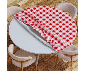 Sorfey Round Tablecloth -Fitted with Elastic, Vinyl with Flannel Back, Fits for Table 36 Inches Round,Water Proof, Easy to Clean, Checked Red Design