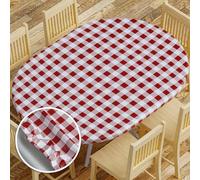 Sorfey Tablecloth -Fitted with Elastic, Vinyl with Flannel Back, Fits for Table 48" W x 68" to 72" L Oval/Oblong, Stretchable Conveniently, Water Proof, Easy to Clean, Checked Burgundy Design