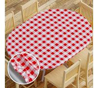 Sorfey Tablecover -Fitted with Elastic, Vinyl with Flannel Back, Fits for Table 48" W x 68" to 72" L Oval/Oblong, Stretchable Conveniently, Water Proof, Easy to Clean, Checked Red Design
