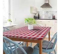 Sorfey Tischdecke - Ausgestattet mit elastischem Vinyl mit Flanell-Rückseite, passend für Tische 76.2 cm bis 91.4 cm Bx243.8 cm L, rechteckig, dehnbar, leicht zu reinigen, kariertes rotes Design