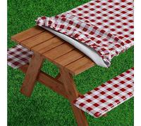 Sorfey Vinyl Picnic Table and Bench Fitted Tablecloth Cover, Checkered Design, Flannel Backed Lining, 30 x 72 Inch, 3-Piece Set, Burgundy