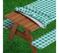 Sorfey Vinyl Picnic Table and Bench Fitted Tablecloth Cover, Checkered Design, Flannel Backed Lining, 30 x 72 Inch, 3-Piece Set, Green