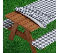 Sorfey Vinyl Picnic Table and Bench Fitted Tablecloth Cover, Checkered Design, Flannel Backed Lining, 30 x 96 Inch, 3-Piece Set, Gray
