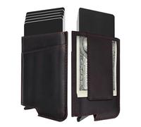 Sorftin Pop Up Wallet for Men - Slim RFID Blocking Genuine Leather Credit Card Holder with Aluminum Case, Minimalist Smart Trigger Wallet with Quick Access Ejector & Cash Strap, Coffee