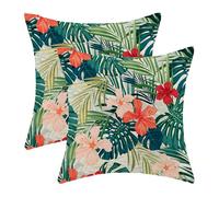 Sorktse Summer Tropical Pillow Covers 18x18 Inch Outdoor Green Red Hawaiian Palm Leaf Throw Pillow Covers Set of 2 Boho Hibiscus Flowers Pillowcases Decor for Sofa Bedroom Linen Cushion