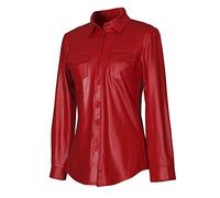 Sorrica Womens Sexy Shiny Metallic PU Faux Leather Nightclub Styles Long Sleeves Button Down Shirts Top, Red, X-Large