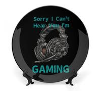 Sorry I Can't Hear You I Am Gaming Printed Bone China Decorative Plate Ceramic Decorative Plate with Display Stand for Home Wall Decor