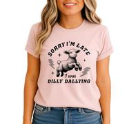 Sorry Im Late I was Dilly Dallying Lamb Womens Graphic T-Shirt Humorous Animal Retro Tee M (12-14)