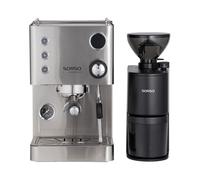 SORSO Espresso Machine - St. Steel + SORSO Peppe Brew & Espresso by Eureka Electric Coffee Grinder - Matt Black