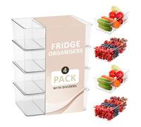 Sortelle 4 x Pack Fridge Organisers with Removable Dividers and Labelling System - Stackable Kitchen Storage & Organisation - Clear Plastic Kitchen Cupboard Organiser or Fridge Storage Containers