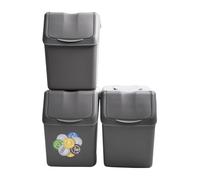 Sorting Waste Bin Set Recycling Segregation Stackable Lidded Handle 3 Colours Black Grey Ashen Flap Lid 20L 25L 35L (3pcs x 20 Litre, Grey)