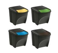 Sorting Waste Bin Set Recycling Segregation Stackable Lidded Handle 3 Colours Black Grey Ashen Flap Lid 20L 25L 35L (4pcs x 25 Litre, Black)