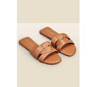 Sosandar Amore Tan Leather Cross Strap Flat Mule Sandals Tan