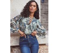 Sosandar Green Paisley Print Metallic Stripe Ruffle Sleeve Blouse with Lace-Up Detail Gold