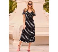 SOSANDAR Mesh Polka Dot V-Neck Midi Skater Dress Black Mix
