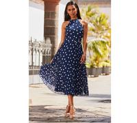 Sosandar Pleated Halter Neck Spot Print Midi Dress BLUE SIZE 18