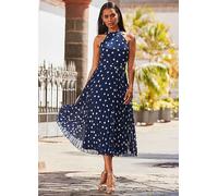 Sosandar Spot Print Pleated Halter Neck Dress Navy Multi