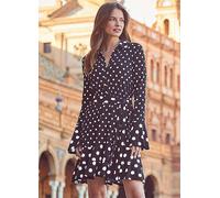 Sosandar Spot Print Ruffle Hem Belted Shirt Dress Black/white