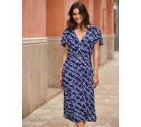 SOSANDAR Spot Print V-Neck Belted Midi Skater Dress Navy Mix