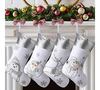 Sosation 4 Pcs White Christmas Stockings Large Xmas Santa Stockings with Silver Reindeer Snowflake Snowman Penguin Fireplace Tree Decorations Hanging Ornament for Xmas Decor, 17 Inches(Classic)