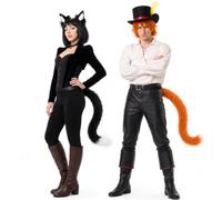 Sosation 6 Pcs Halloween Cat Cosplay Accessory Set Plush Furry Tail with Feathered Hat and Cat Ears Feline Cosplay Accessory Ideal for Couple Themed Events Halloween Party Orange and Black Costume